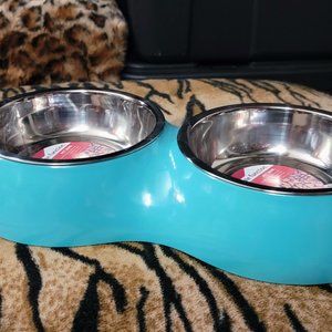 Pet Bowl Set Blue Stainless Dishwasher Safe Dog or Cat size med 14.5 fl oz.